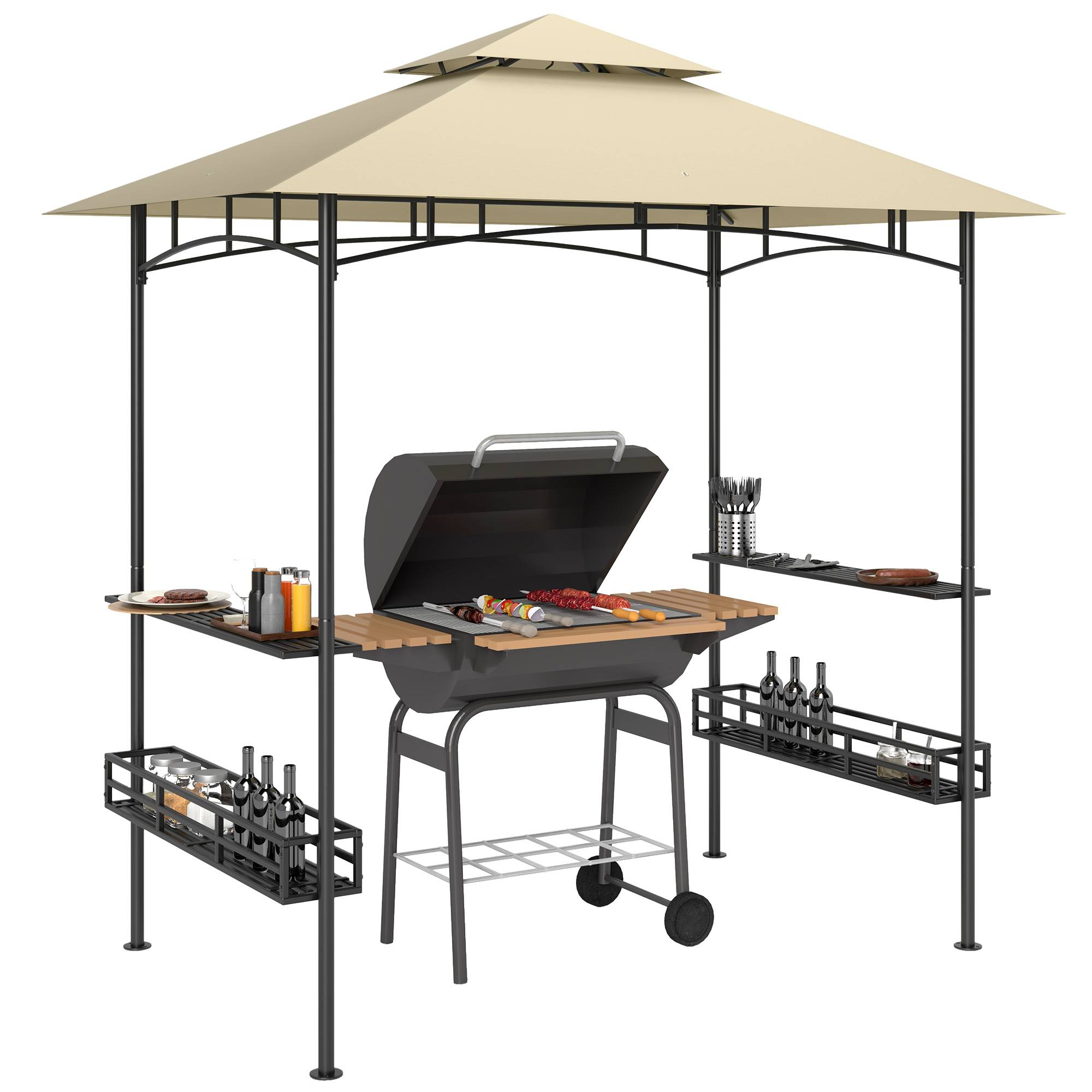 Tonnelle de barbecue auvent de réception pour jardin crochet au plafond étagères et paniers 240 x 150 x 257 cm beige - Image 1