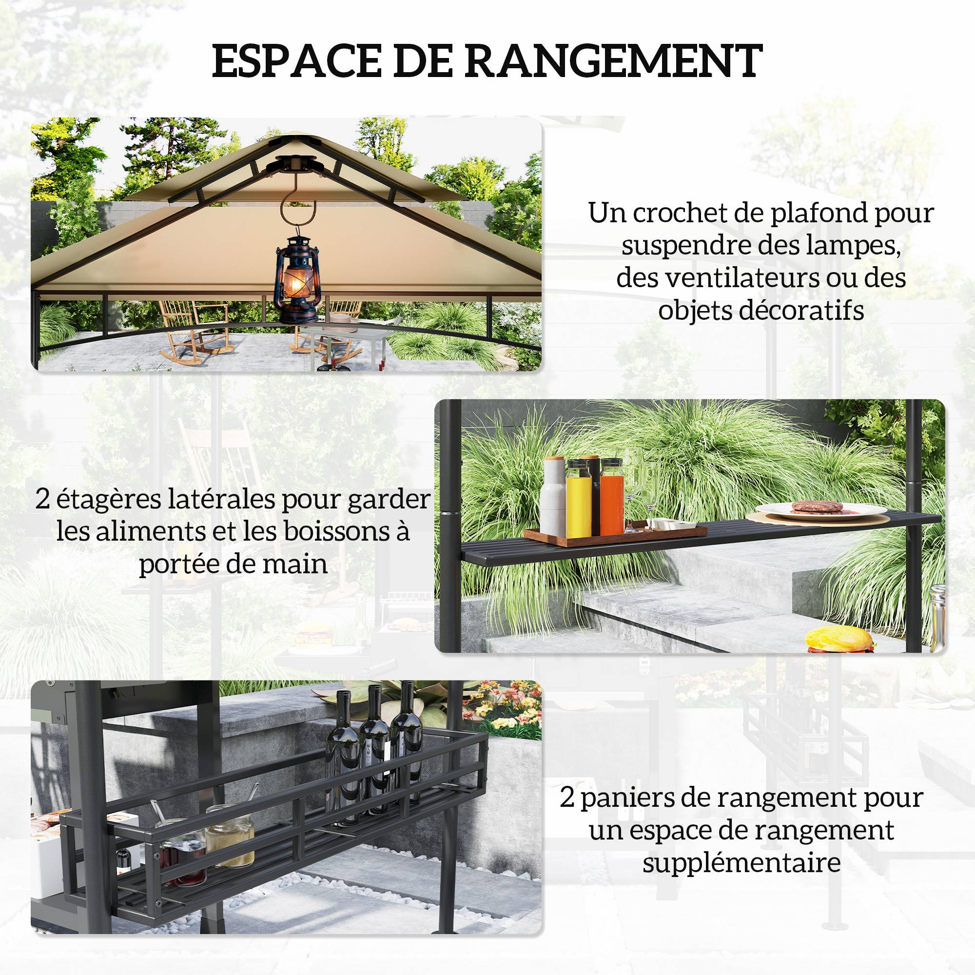Tonnelle de barbecue auvent de réception pour jardin crochet au plafond étagères et paniers 240 x 150 x 257 cm beige - Image 7