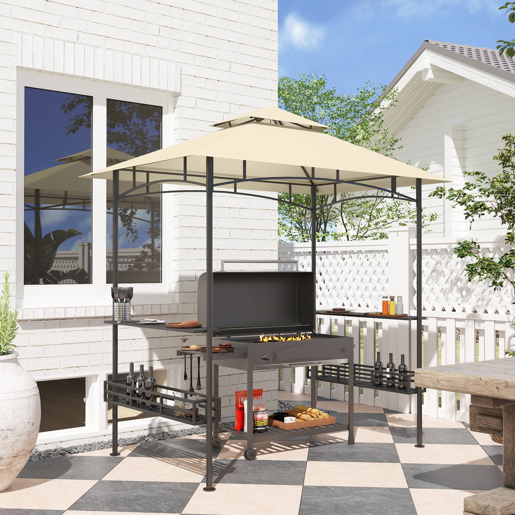 Tonnelle de barbecue auvent de réception pour jardin crochet au plafond étagères et paniers 240 x 150 x 257 cm beige - Image 4