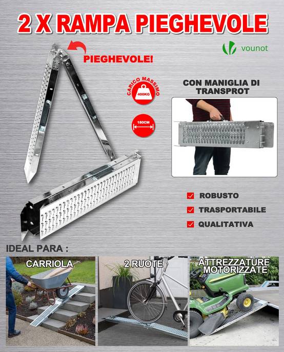 Vounot - Lot de 2 Rampe de chargement pliable 180cm en acier galvanisé - 400kg max - Rampe d'accès antidérapante avec poignée - VOUNOT® - Image 5