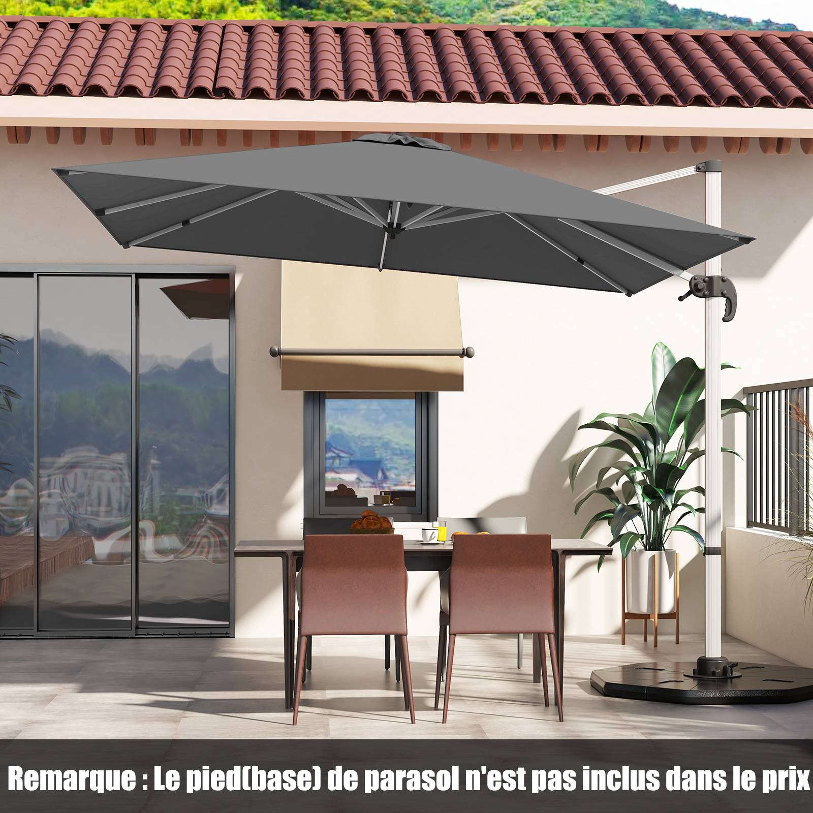 Parasol Déporté 3x3M, Parasol de Jardin Carré Inclinable avec Base en Croix, 5 Angles et Hauteurs Réglables, Manivelle et Double Toit, Gris' - Image 2