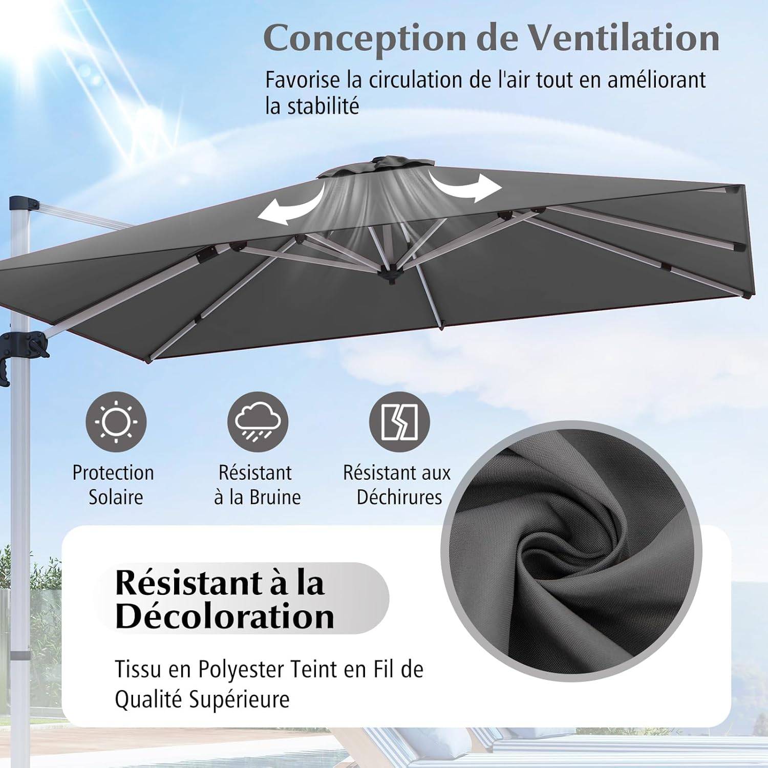 Parasol Déporté 3x3M, Parasol de Jardin Carré Inclinable avec Base en Croix, 5 Angles et Hauteurs Réglables, Manivelle et Double Toit, Gris' - Image 4