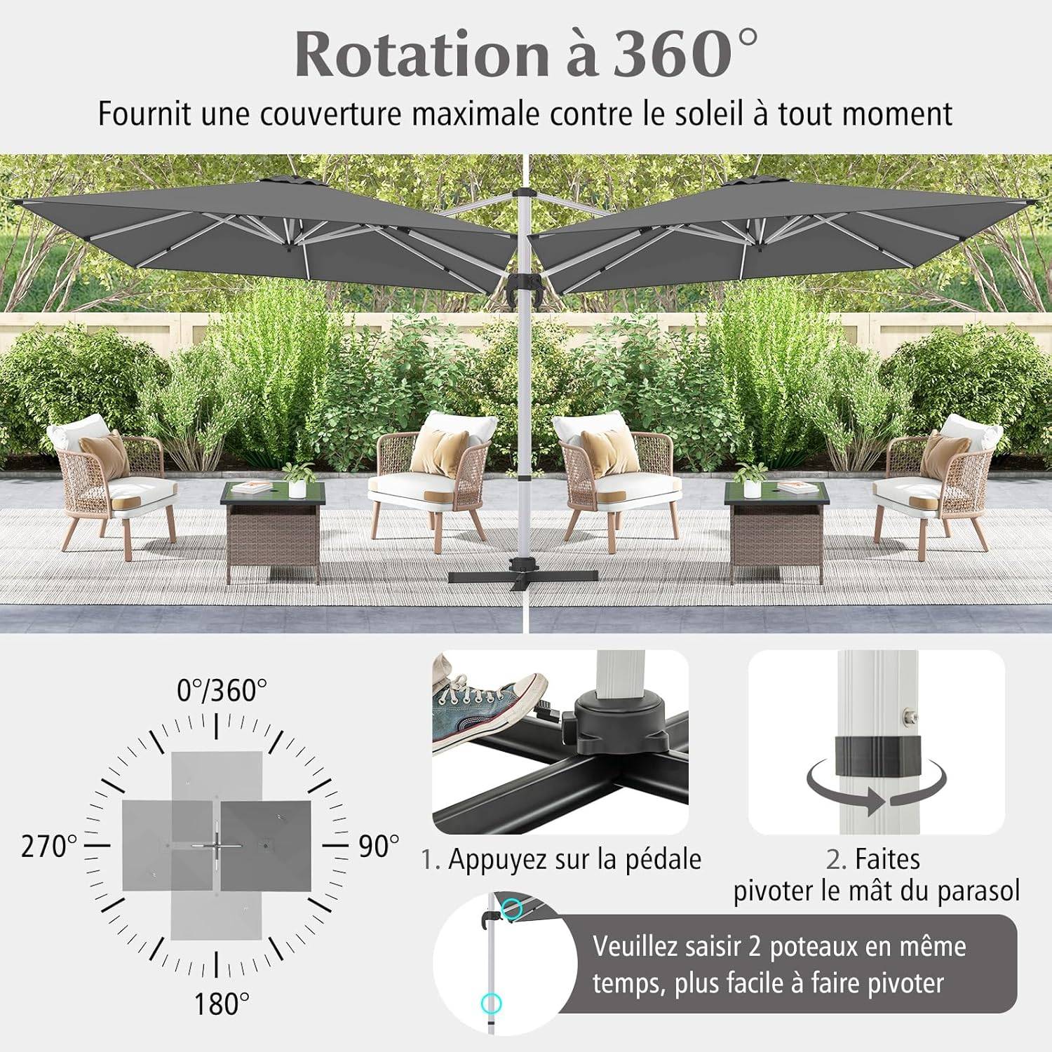 Parasol Déporté 3x3M, Parasol de Jardin Carré Inclinable avec Base en Croix, 5 Angles et Hauteurs Réglables, Manivelle et Double Toit, Gris' - Image 6