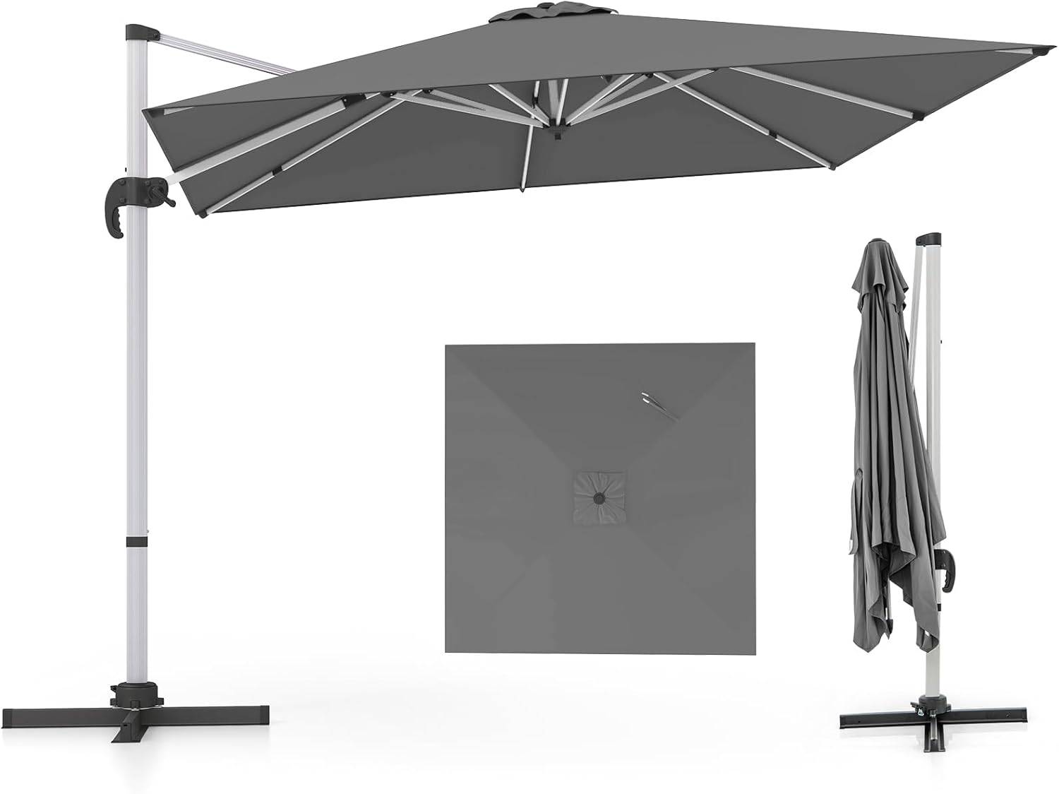 Parasol Déporté 3x3M, Parasol de Jardin Carré Inclinable avec Base en Croix, 5 Angles et Hauteurs Réglables, Manivelle et Double Toit, Gris' - Image 1