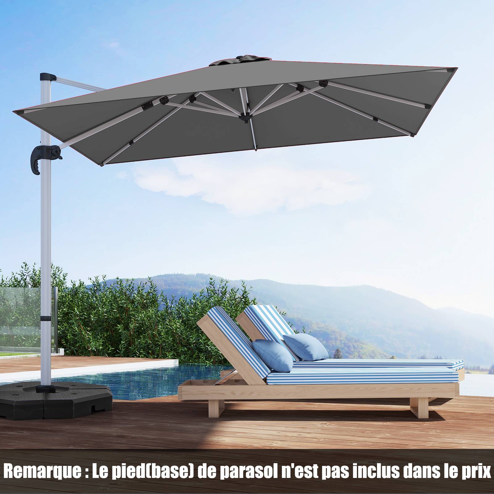 Parasol Déporté 3x3M, Parasol de Jardin Carré Inclinable avec Base en Croix, 5 Angles et Hauteurs Réglables, Manivelle et Double Toit, Gris' - Image 3