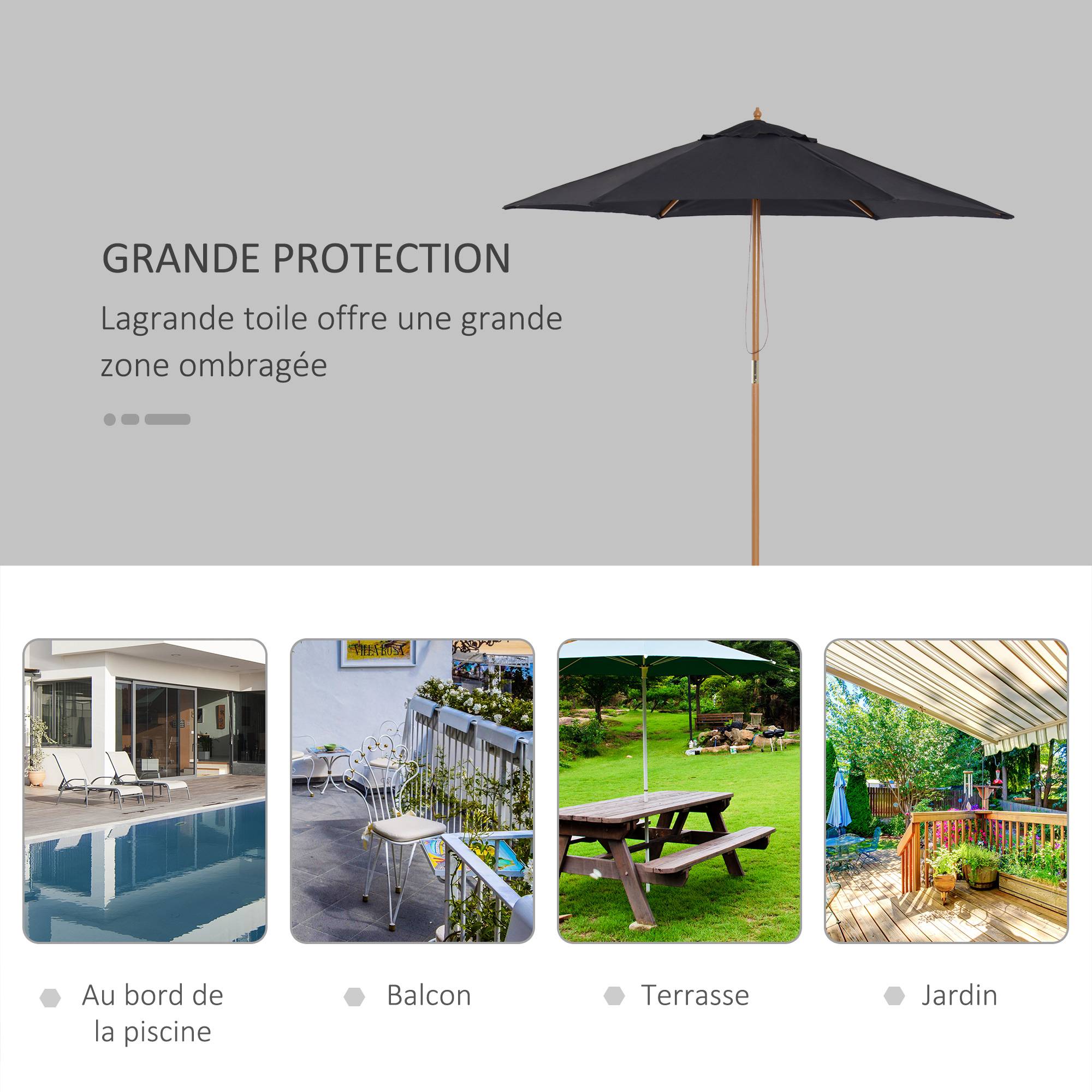 Parasol droit hexagonal en bambou et polyester noir 250 x 250 x 240 cm - PANGIVO - Image 8