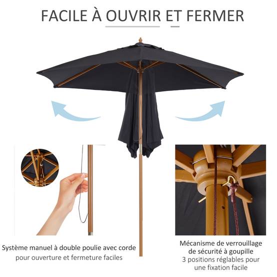 Parasol droit hexagonal en bambou et polyester noir 250 x 250 x 240 cm - PANGIVO - Image 6