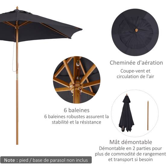 Parasol droit hexagonal en bambou et polyester noir 250 x 250 x 240 cm - PANGIVO - Image 7