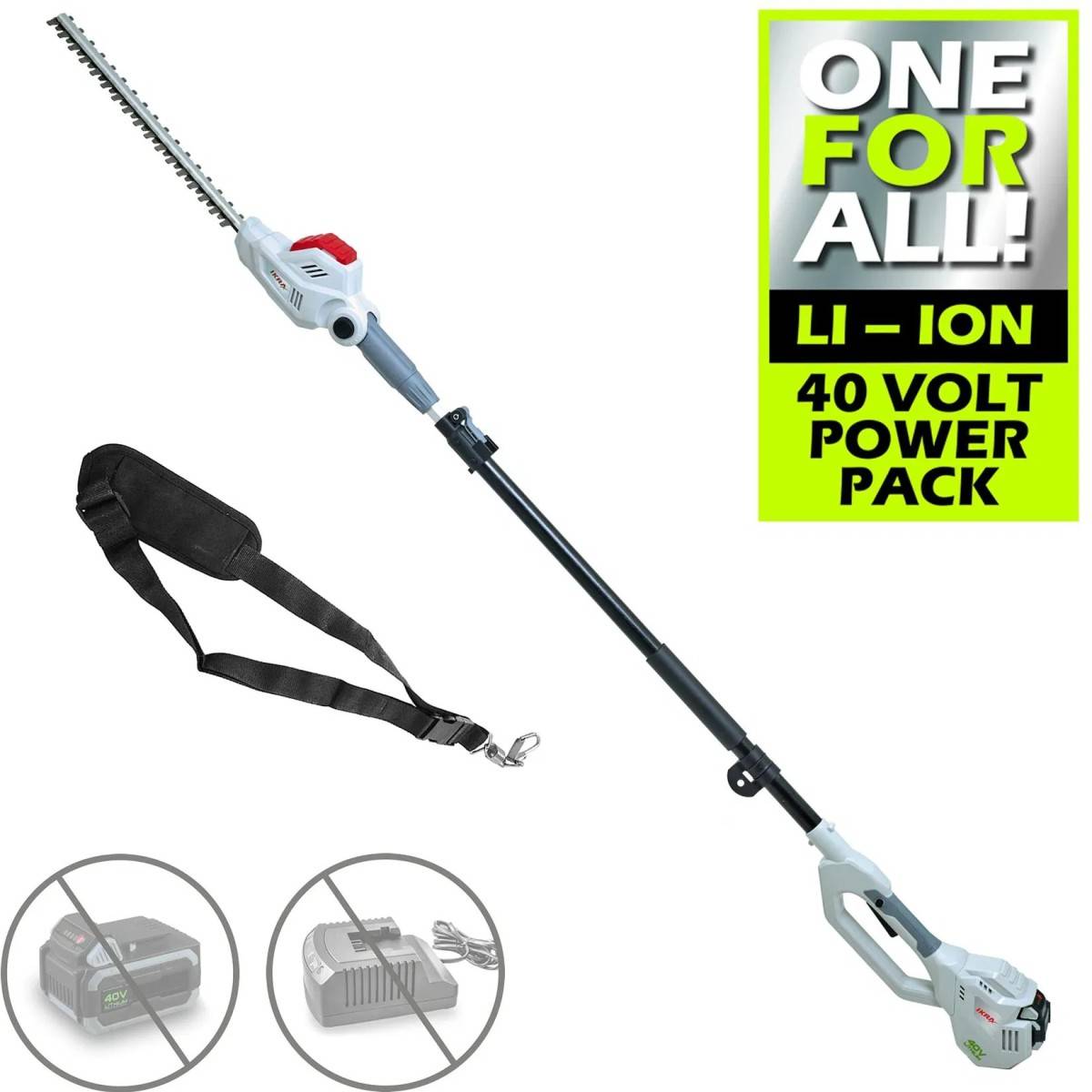 Ikra - Taille Haie sur perche télescopique 40V - Lame de 43cm -Batterie Lithium 2,5Ah + Chargeur Led 40V - Sangle d'épaule IKRA - Image 8