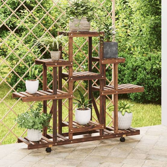 Porte-plantes à roulettes Bois de sapin traité carbonisé Mobile pour Terrasse Jardin Marron 110x25x101 cm – ComfortXL Outdoor Living - Image 1