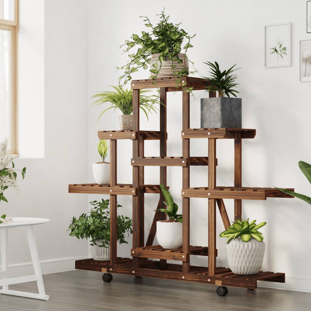 Porte-plantes à roulettes Bois de sapin traité carbonisé Mobile pour Terrasse Jardin Marron 110x25x101 cm – ComfortXL Outdoor Living - Image 3