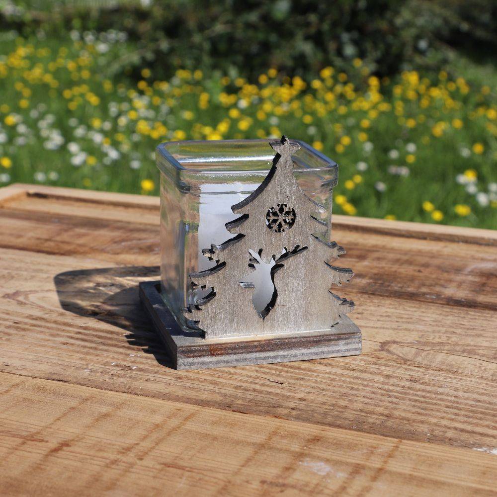 Photophore noël bougeoir sapin étoile bois verre marron 10cm Chemin de campagne - Image 2