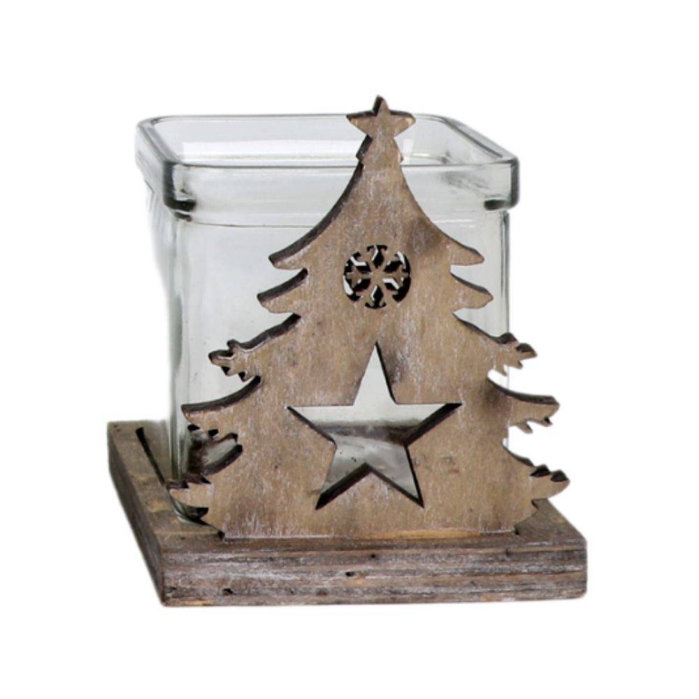 Photophore noël bougeoir sapin étoile bois verre marron 10cm Chemin de campagne - Image 1
