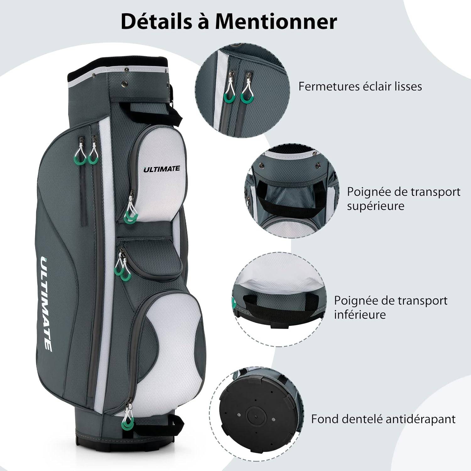 Costway - Sac de Golf Chariot Portable pour 14 Clubs avec 7 Poches Zippées et Capuche Anti-Pluie - Image 3