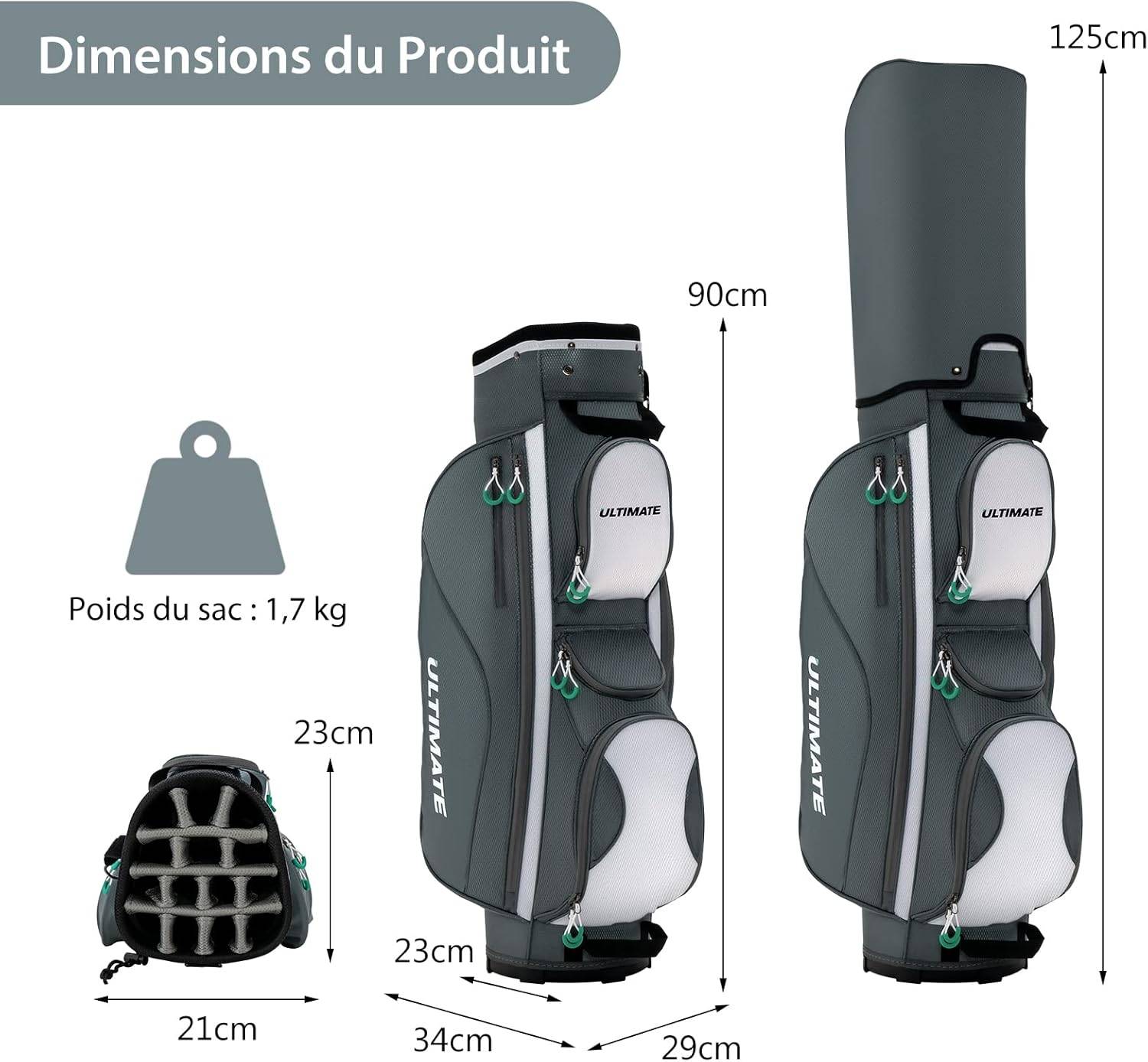 Costway - Sac de Golf Chariot Portable pour 14 Clubs avec 7 Poches Zippées et Capuche Anti-Pluie - Image 5