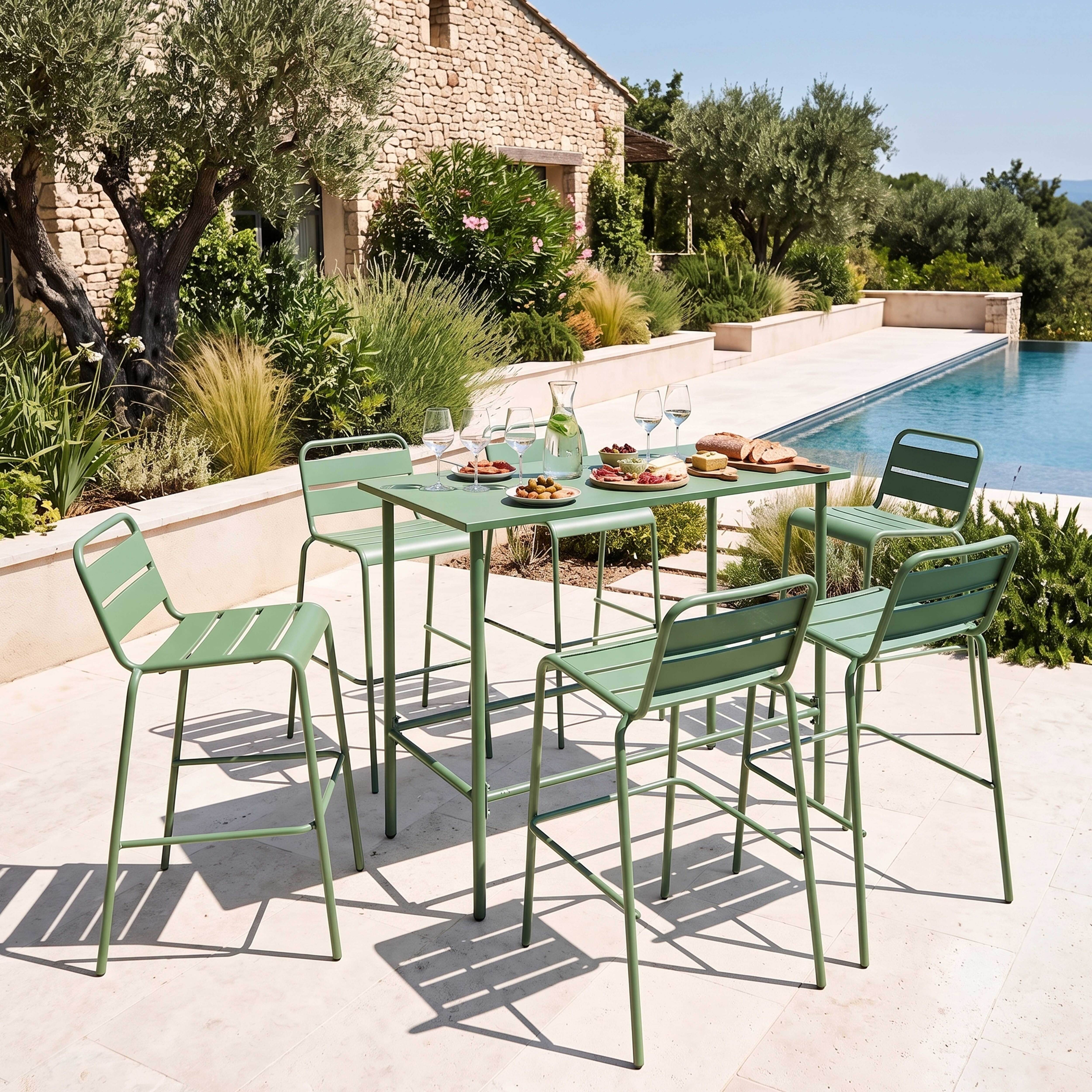 Oviala - Ensemble table haute de jardin et 6 chaises en métal vert cactus Palavas - Oviala - Image 2