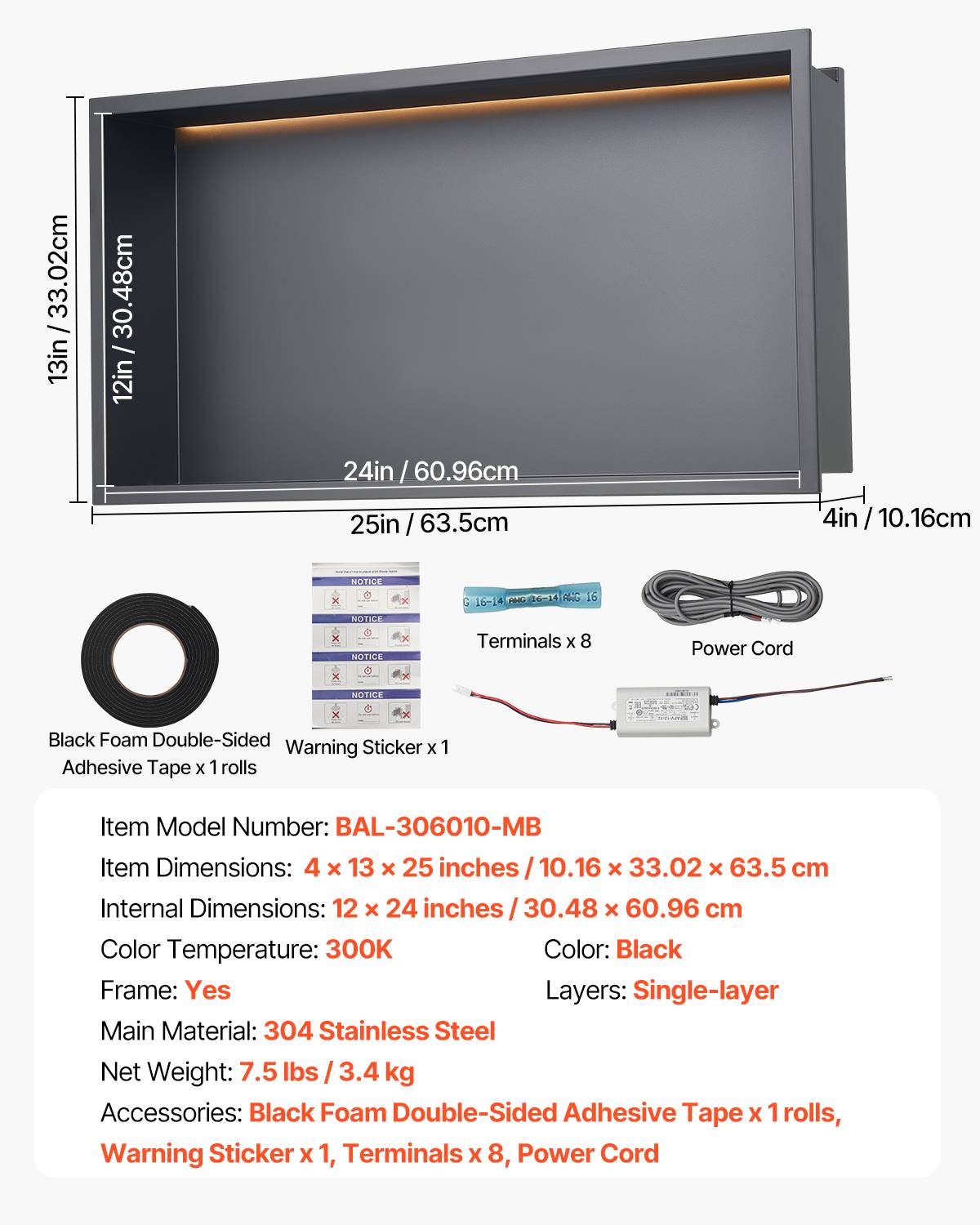 VEVOR Niche douche encastrable 10x33x63.5cm inox avec bande LED, étagère étanche moderne, salle de bain, noir. - Image 7