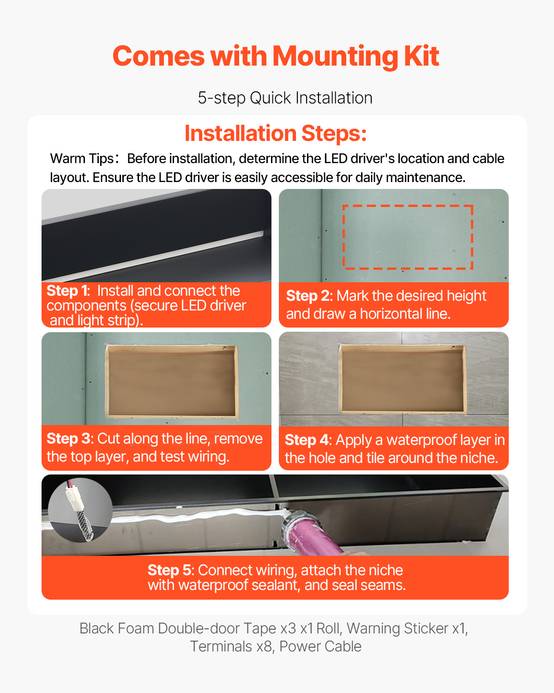VEVOR Niche douche encastrable 10x33x63.5cm inox avec bande LED, étagère étanche moderne, salle de bain, noir. - Image 5