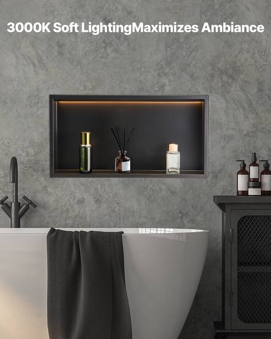 VEVOR Niche douche encastrable 10x33x63.5cm inox avec bande LED, étagère étanche moderne, salle de bain, noir. - Image 4