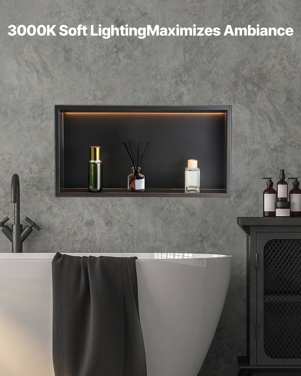 VEVOR Niche douche encastrable 10x33x63.5cm inox avec bande LED, étagère étanche moderne, salle de bain, noir. - Image 4