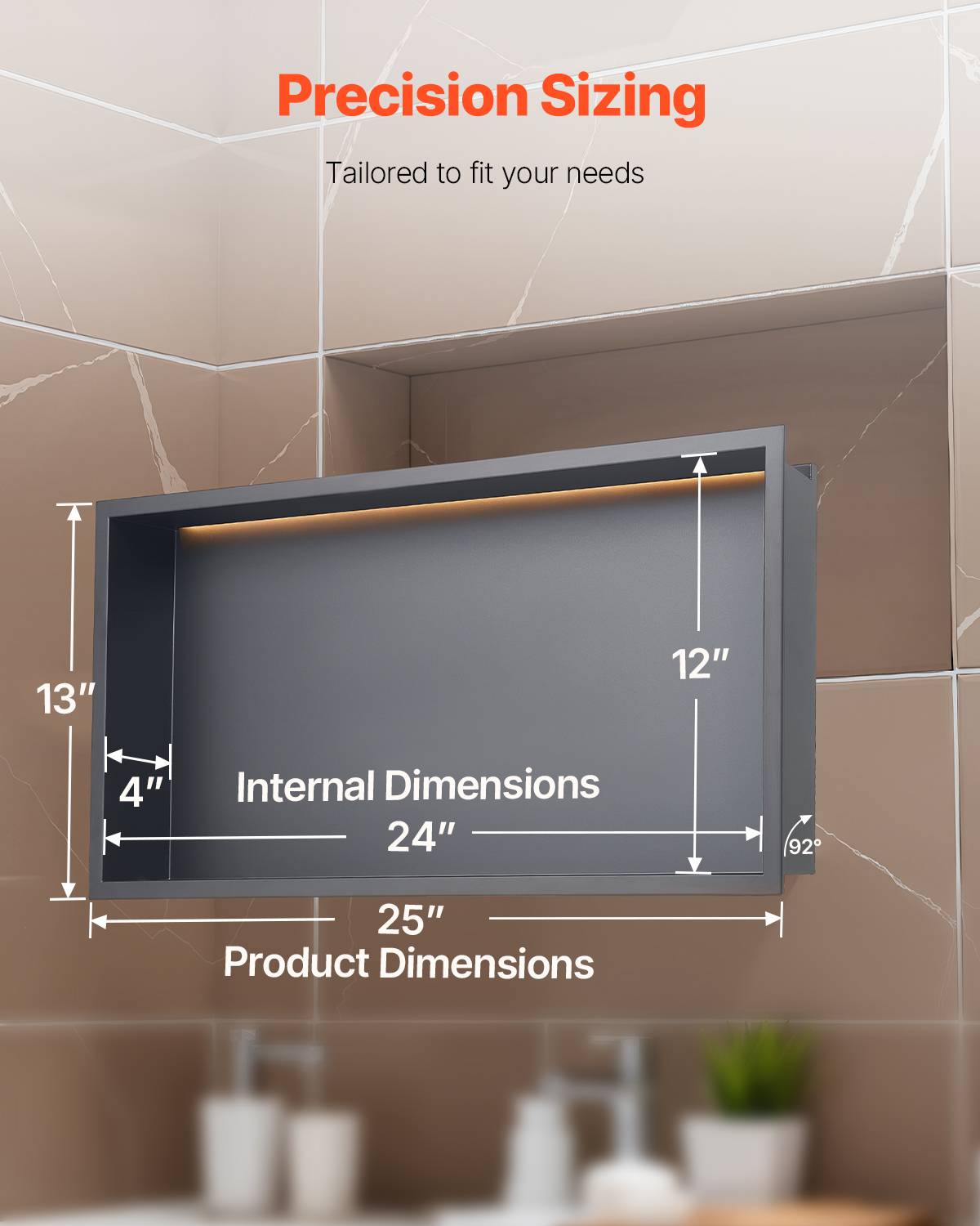 VEVOR Niche douche encastrable 10x33x63.5cm inox avec bande LED, étagère étanche moderne, salle de bain, noir. - Image 6