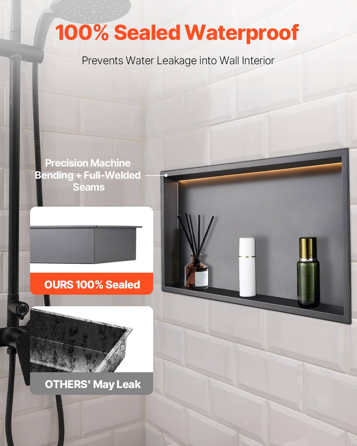VEVOR Niche douche encastrable 10x33x63.5cm inox avec bande LED, étagère étanche moderne, salle de bain, noir. - Image 2