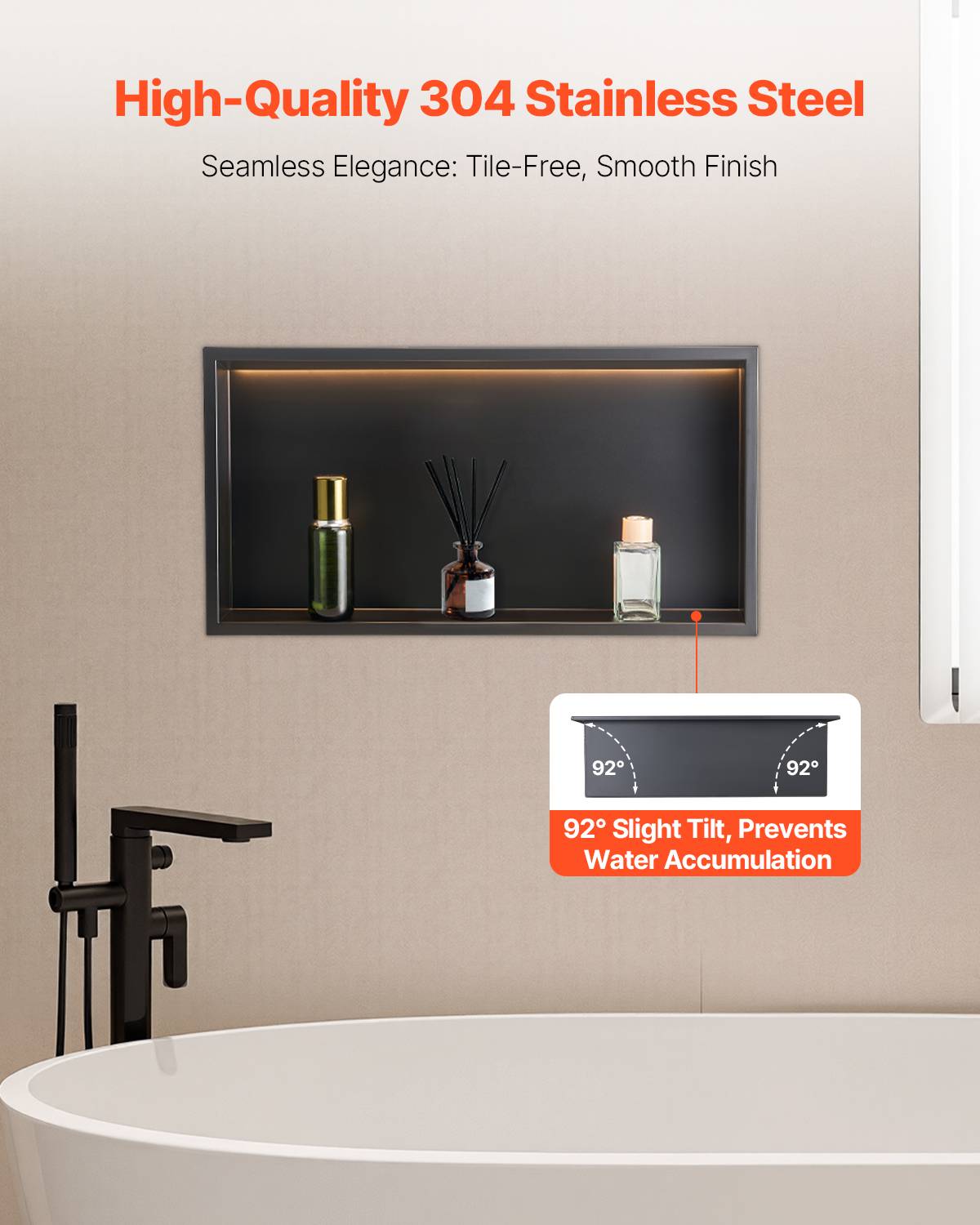 VEVOR Niche douche encastrable 10x33x63.5cm inox avec bande LED, étagère étanche moderne, salle de bain, noir. - Image 3