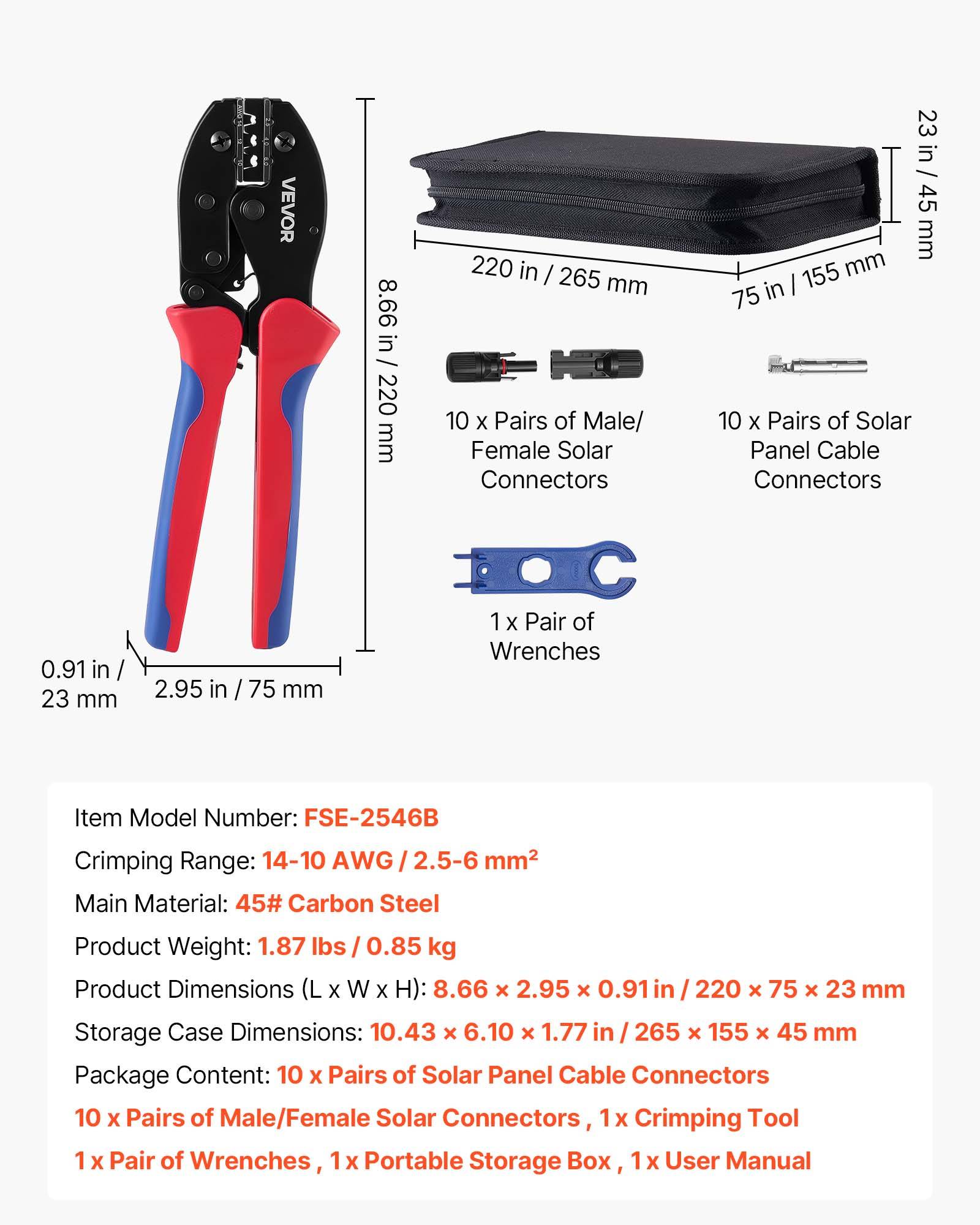Vevor - VEVOR Kit de sertissage solaire 2,5–6 mm², pince à cliquet, 10 paires de connecteurs solaires IP67, clés PV et étui de rangement. - Image 6