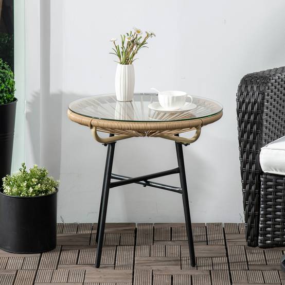 ComfortXL - Table basse ronde jardin métal résine tressée terrasse plateau verre Ø50x50cm noir - ComfortXL Outdoor Living - Image 9