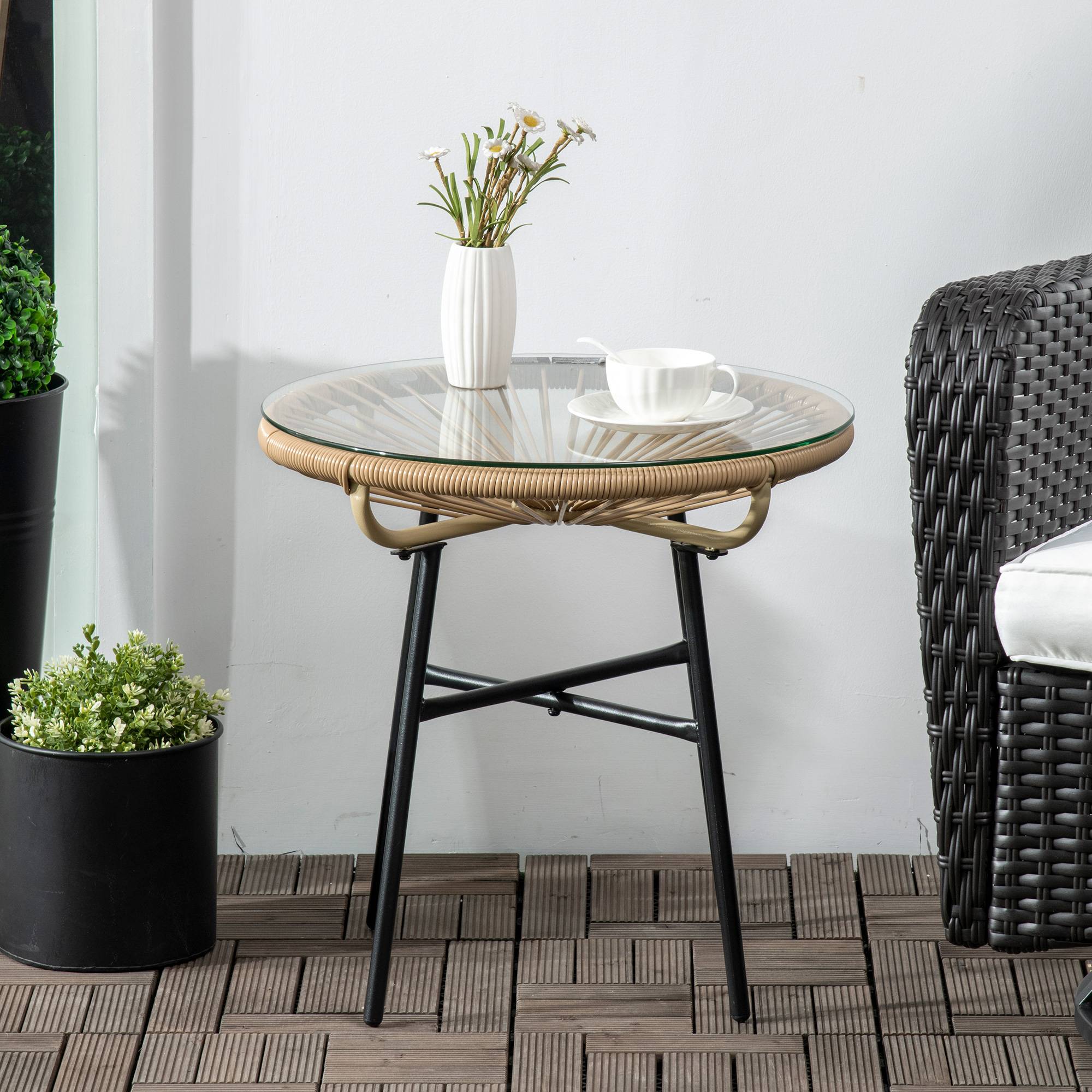 ComfortXL - Table basse ronde jardin métal résine tressée terrasse plateau verre Ø50x50cm noir - ComfortXL Outdoor Living - Image 9