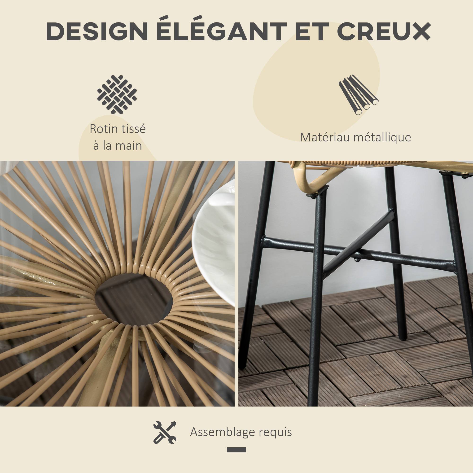 ComfortXL - Table basse ronde jardin métal résine tressée terrasse plateau verre Ø50x50cm noir - ComfortXL Outdoor Living - Image 7