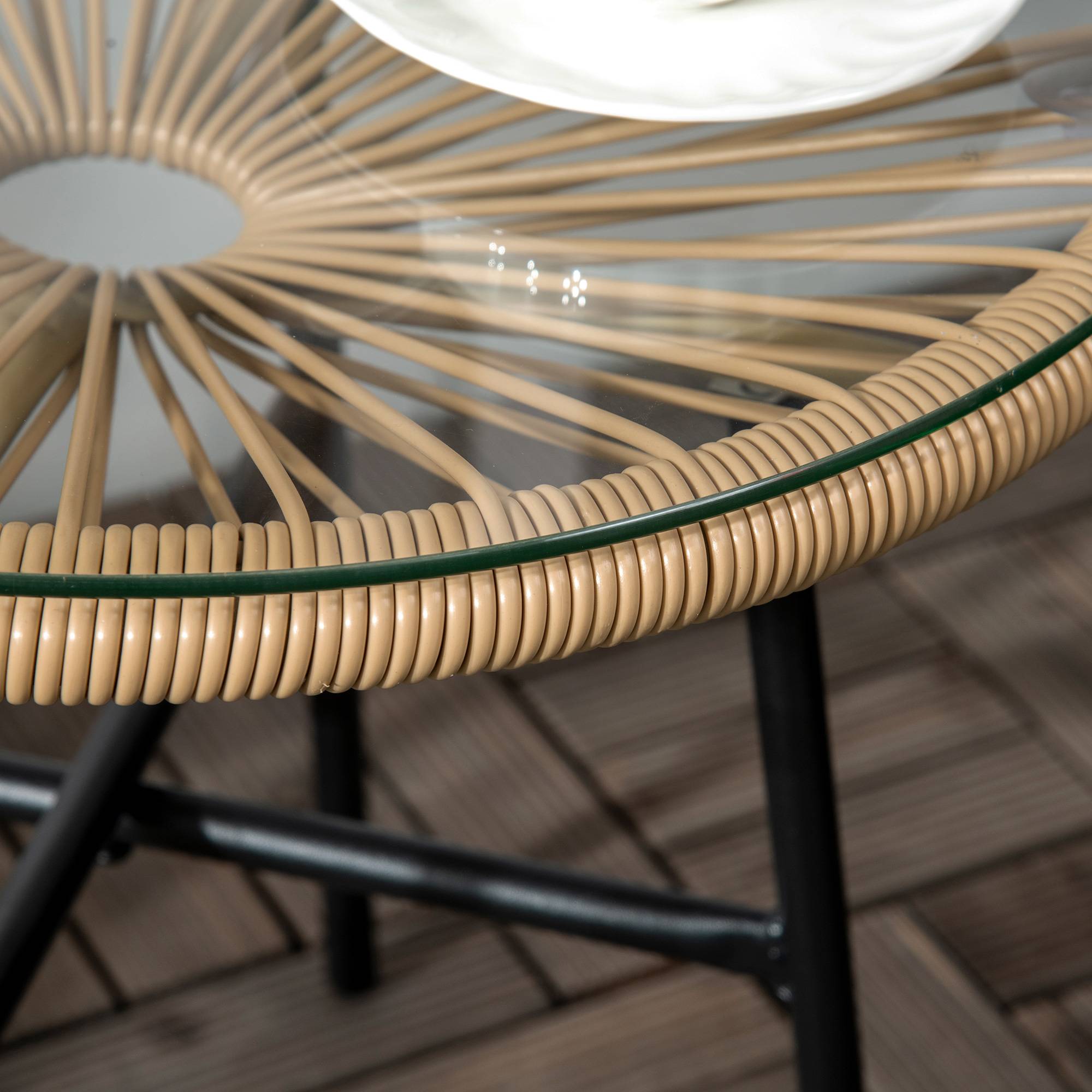 ComfortXL - Table basse ronde jardin métal résine tressée terrasse plateau verre Ø50x50cm noir - ComfortXL Outdoor Living - Image 10