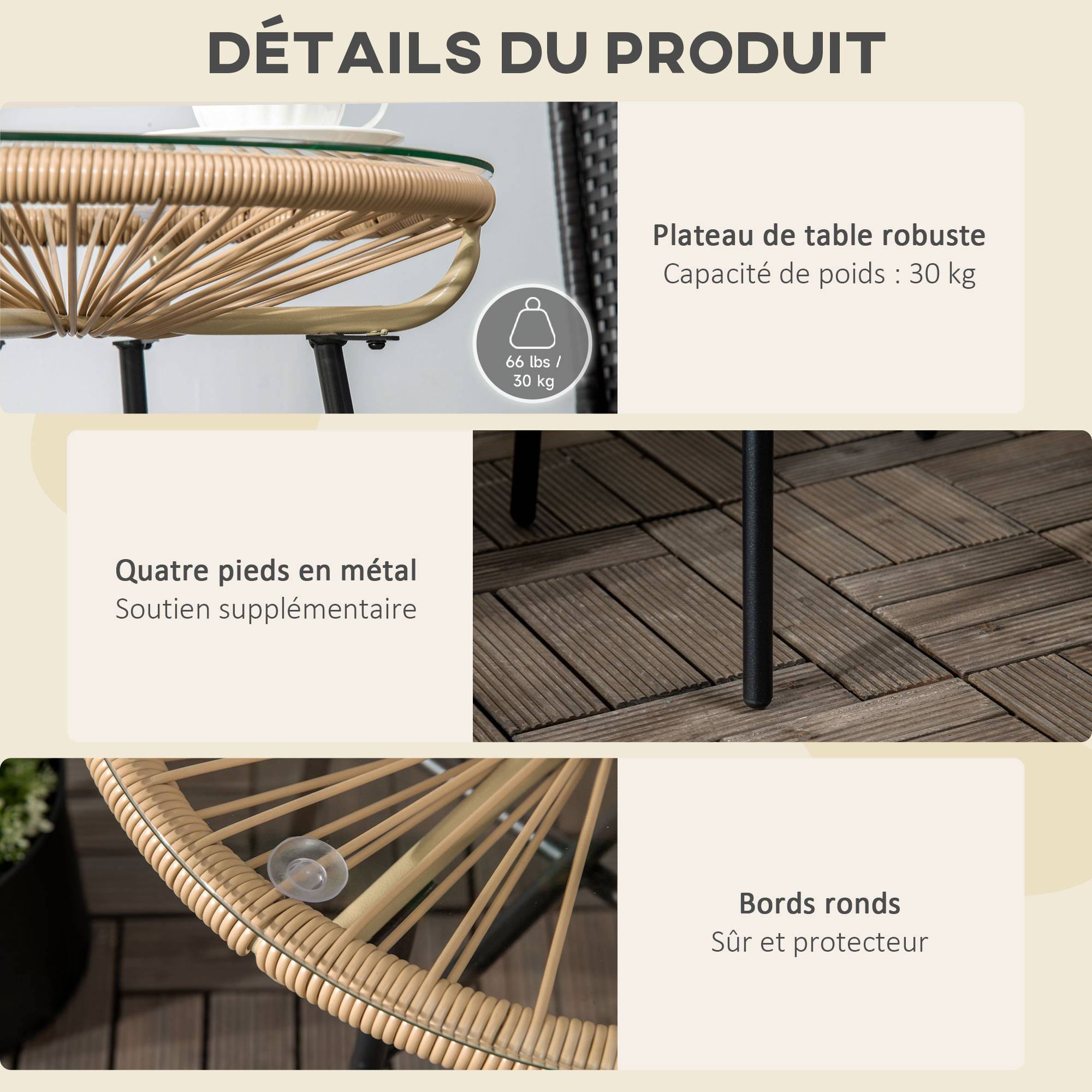 ComfortXL - Table basse ronde jardin métal résine tressée terrasse plateau verre Ø50x50cm noir - ComfortXL Outdoor Living - Image 8