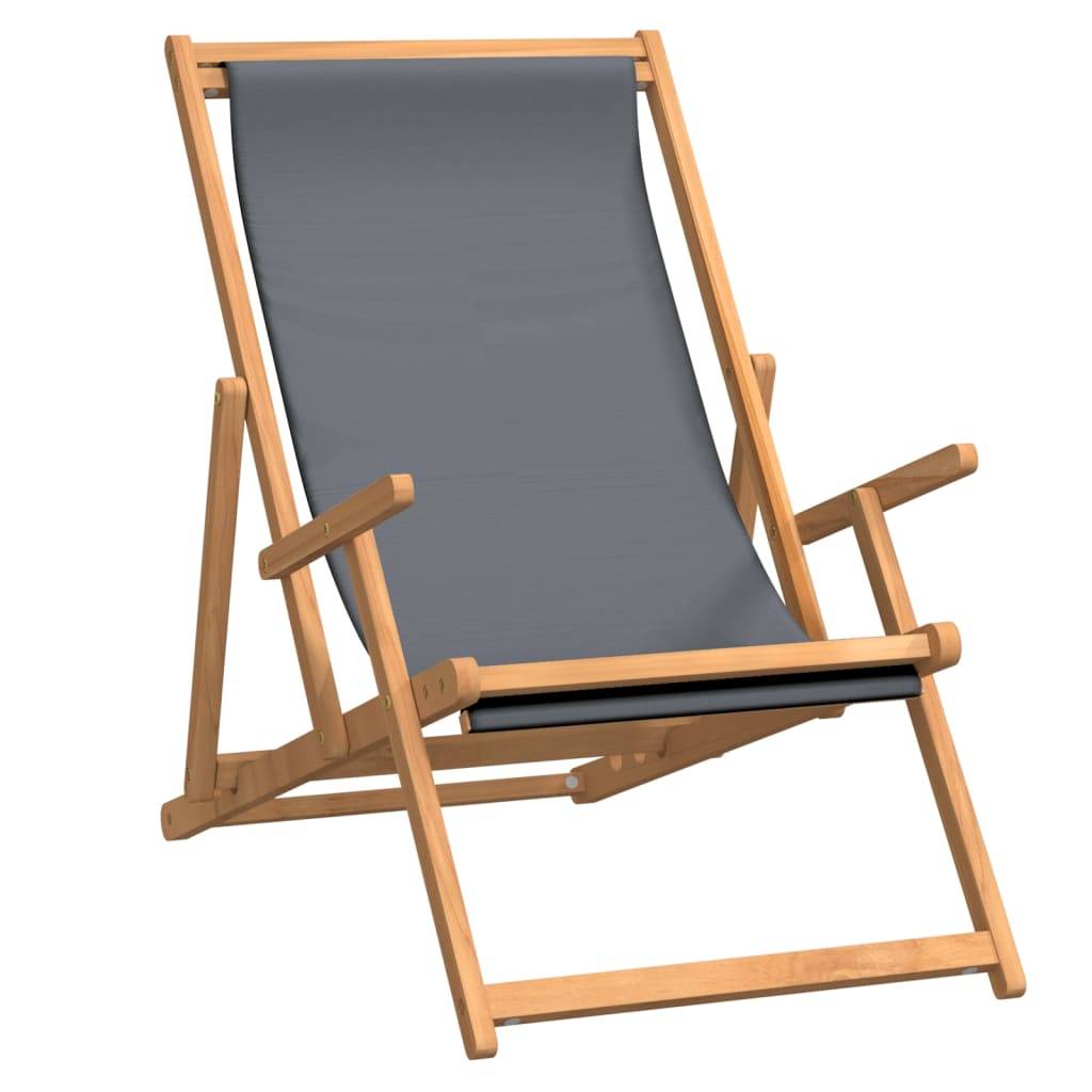 Chaise de plage pliable Bois de teck solide Gris 60 x 126 x 87,5 cm - PANGIVO - Image 2
