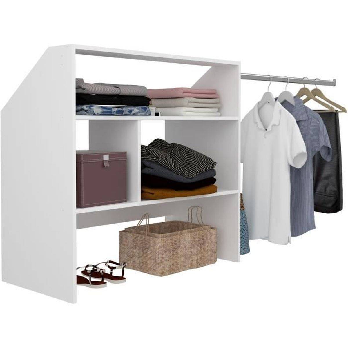 Kit de dressing sous pente blanc, mélaminé 16 mm, 1 barre de penderie, 2 étagères, 197 x 50 x 94 cm - Ekipa - Image 2
