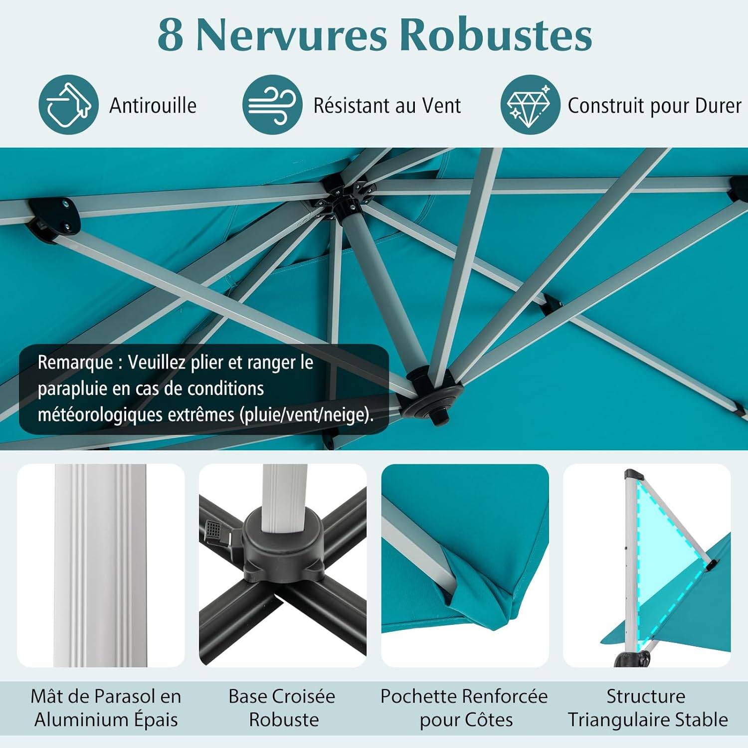 Parasol Déporté 3x3M, Parasol de Jardin Carré avec Base en Croix, Parasol Inclinable avec 5 Angles et Hauteurs Réglables Bleu - Image 9