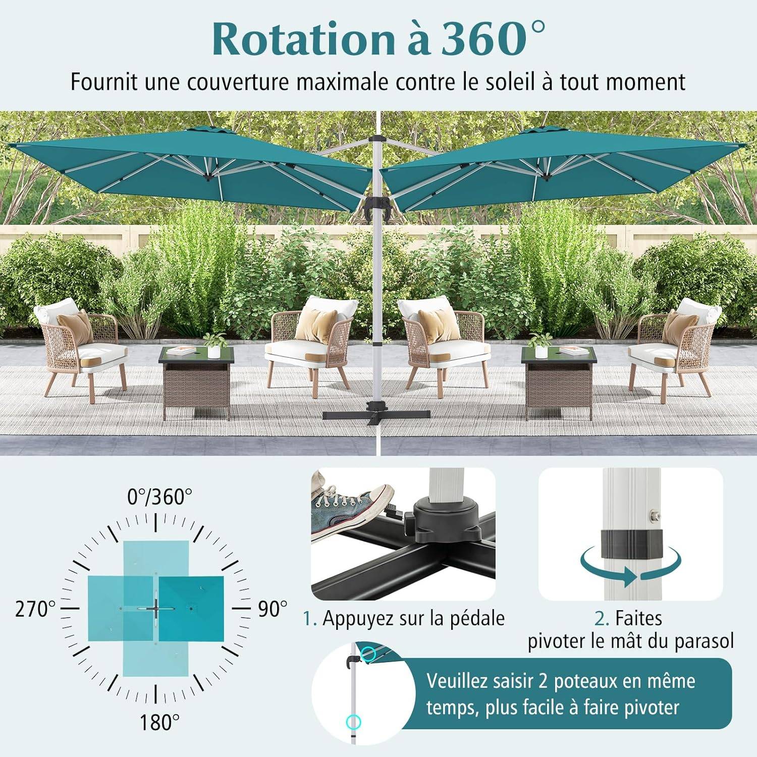 Parasol Déporté 3x3M, Parasol de Jardin Carré avec Base en Croix, Parasol Inclinable avec 5 Angles et Hauteurs Réglables Bleu - Image 7