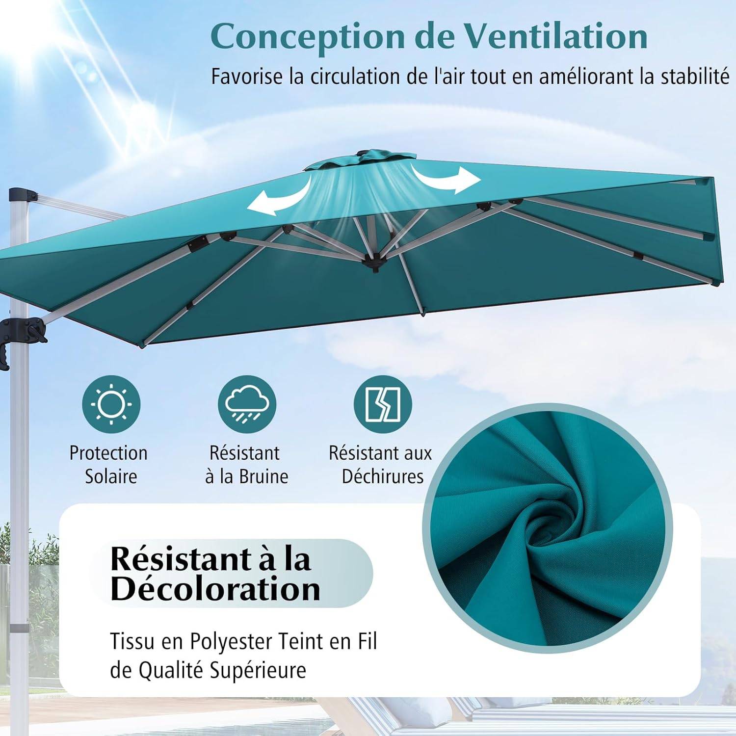 Parasol Déporté 3x3M, Parasol de Jardin Carré avec Base en Croix, Parasol Inclinable avec 5 Angles et Hauteurs Réglables Bleu - Image 5