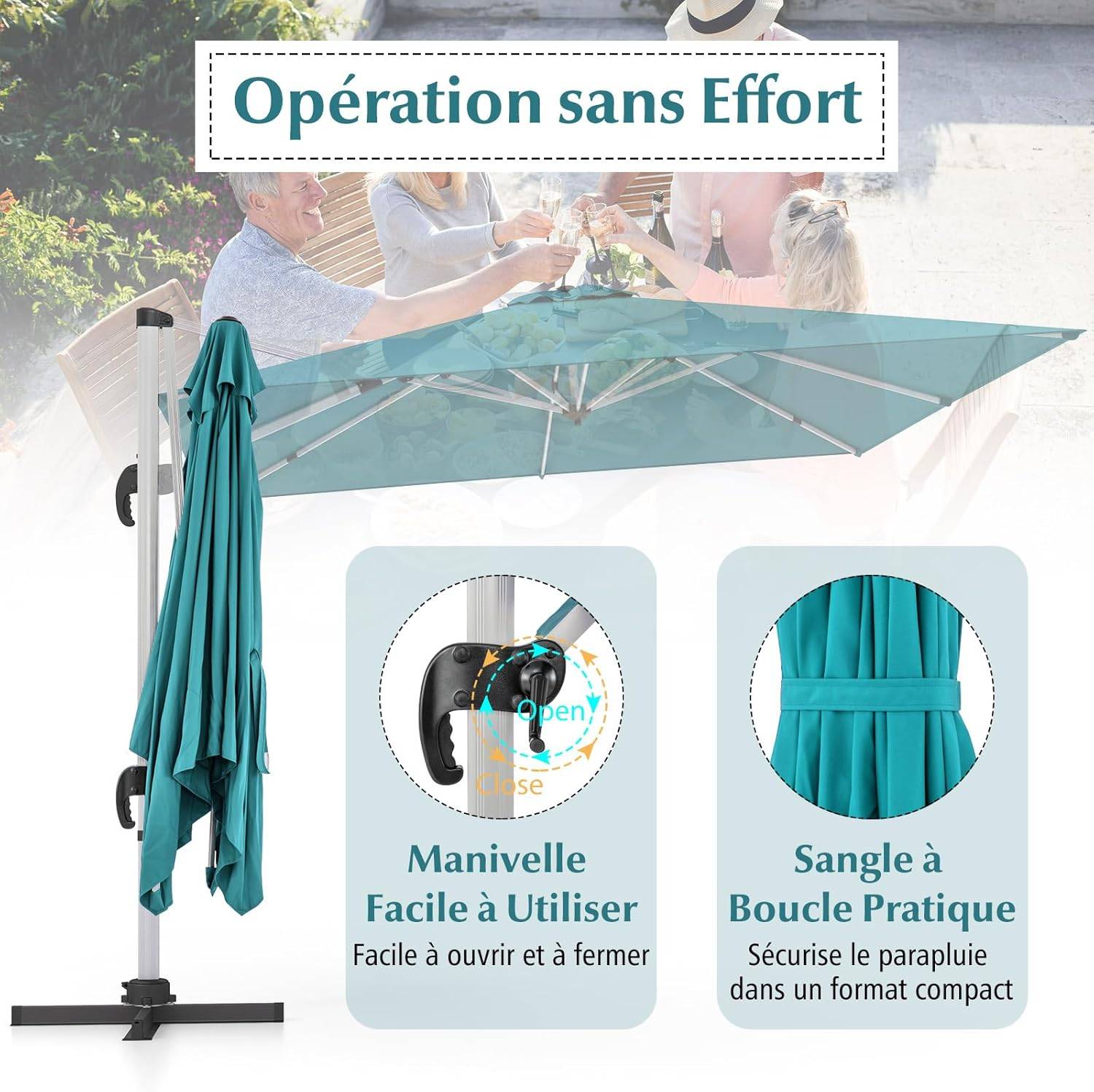 Parasol Déporté 3x3M, Parasol de Jardin Carré avec Base en Croix, Parasol Inclinable avec 5 Angles et Hauteurs Réglables Bleu - Image 8