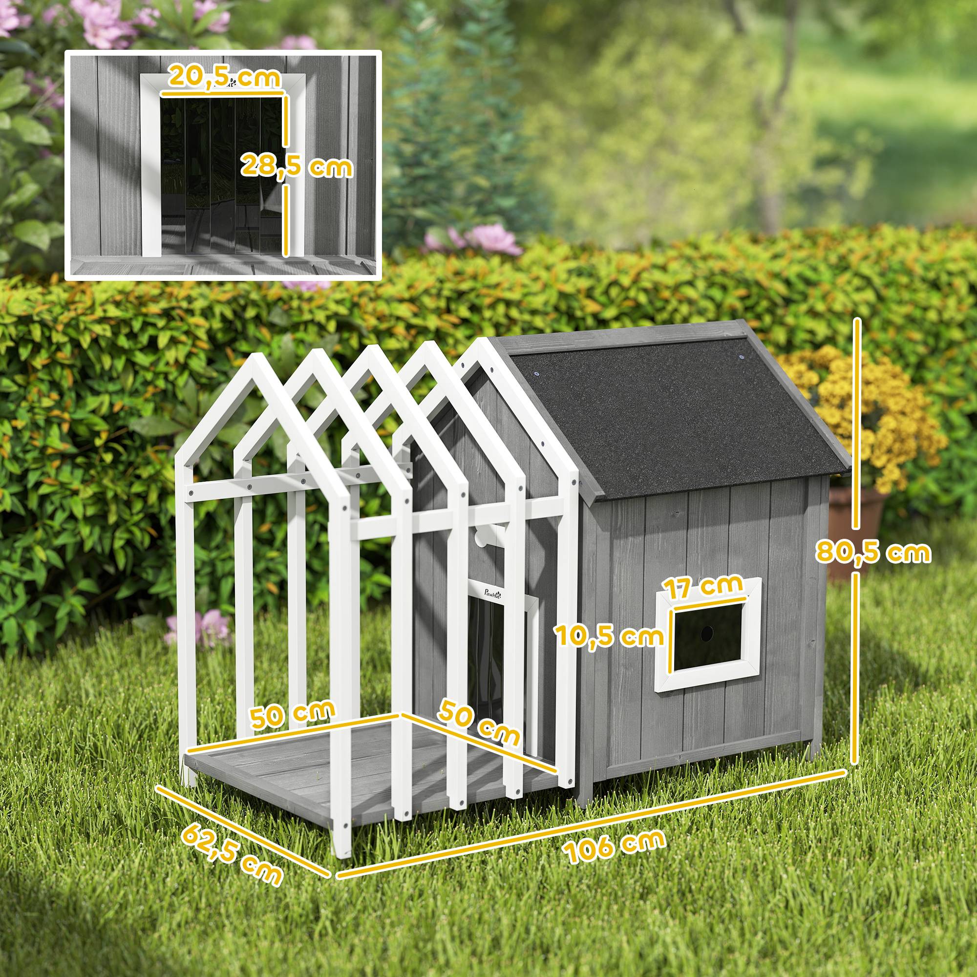 Niche pour chien extérieur en bois maison chien extérieur avec terrasse, porte à lamelles, 106 x 62,5 x 80,5 cm, gris - Image 5