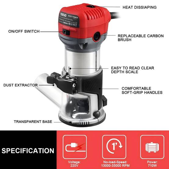 Affleureuse Électrique 710W 13000-33000 RPM Avec Housse anti Poussière, Affleureuse à Bois Avec 15 Fraises Queue de 1/4", 6 Vitesses Variables, Base - Image 3