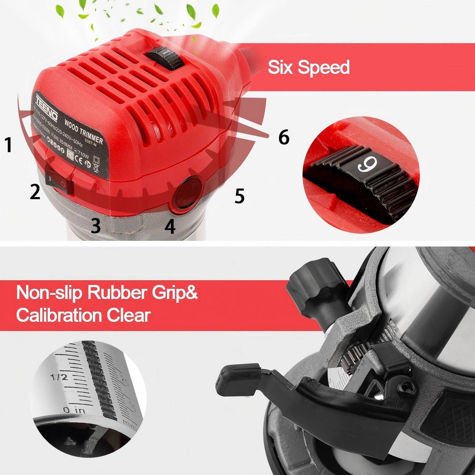 Affleureuse Électrique 710W 13000-33000 RPM Avec Housse anti Poussière, Affleureuse à Bois Avec 15 Fraises Queue de 1/4", 6 Vitesses Variables, Base - Image 5