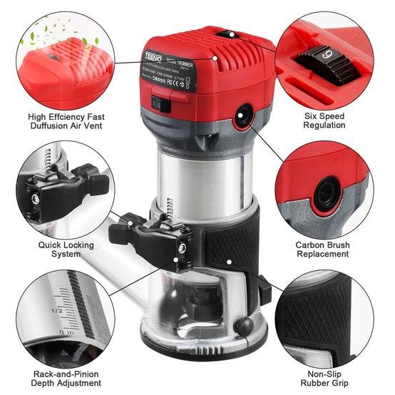 Affleureuse Électrique 710W 13000-33000 RPM Avec Housse anti Poussière, Affleureuse à Bois Avec 15 Fraises Queue de 1/4", 6 Vitesses Variables, Base - Image 2