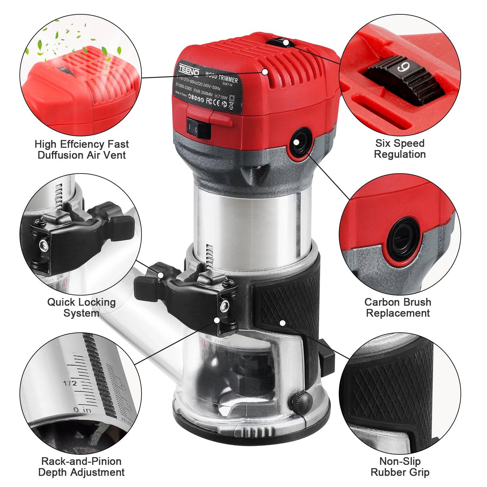 Affleureuse Électrique 710W 13000-33000 RPM Avec Housse anti Poussière, Affleureuse à Bois Avec 15 Fraises Queue de 1/4", 6 Vitesses Variables, Base - Image 2