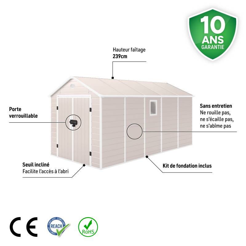 Abri de jardin en résine beige 11m² avec kit de fondation et double porte Jôbu - Image 5
