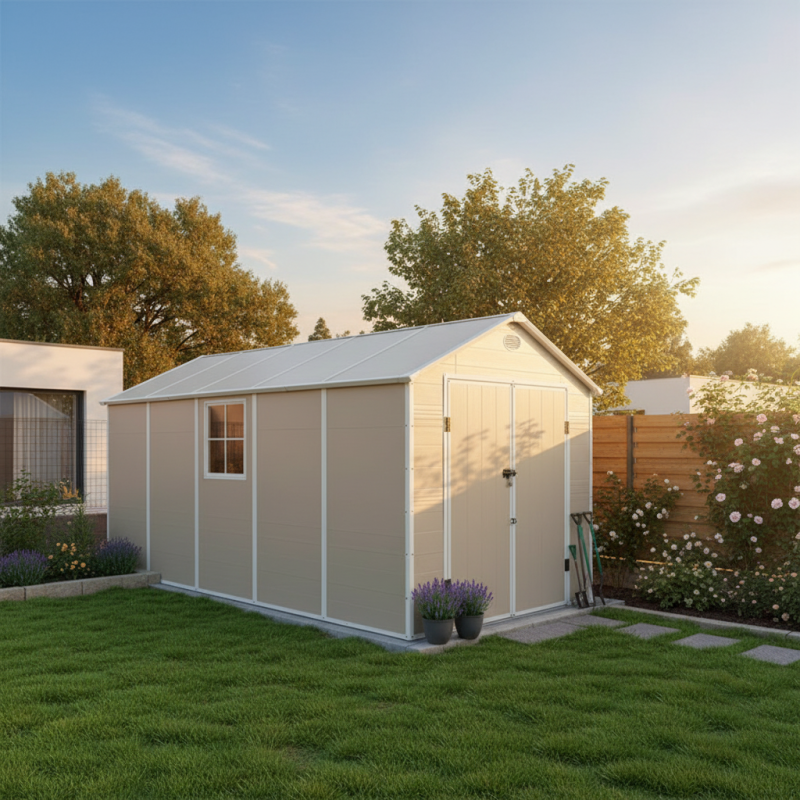 Abri de jardin en résine beige 11m² avec kit de fondation et double porte Jôbu - Image 1