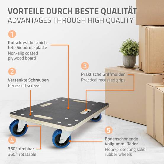 Chariot de transport 40x60 cm capacité 800 kg plateau roulant contreplaqué surface antidérapante roulettes en PP idéal pour meubles et déménagement - Image 3