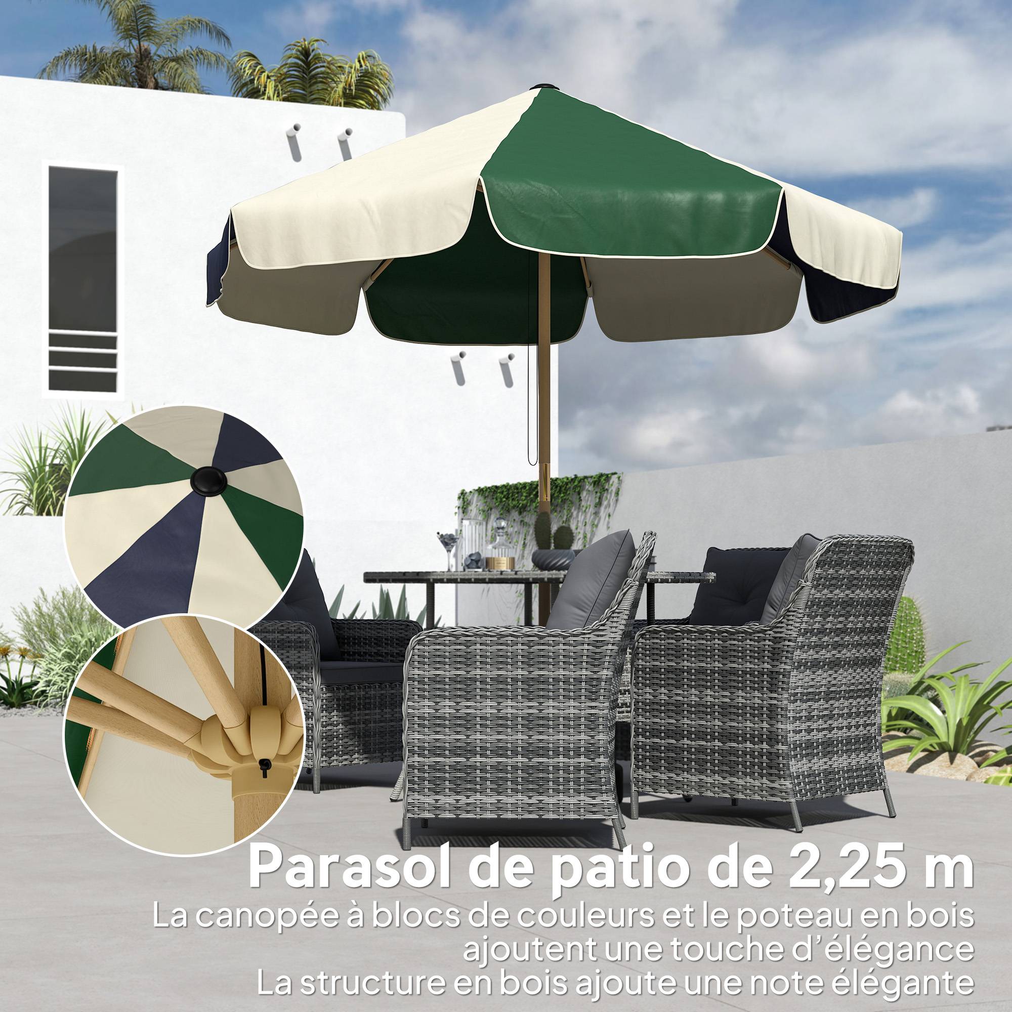 Parasol de Jardin à Corde Protection Solaire UPF30+ Rétro - 226x226x230cm Polyester Vert Foncé fr241 - Image 6