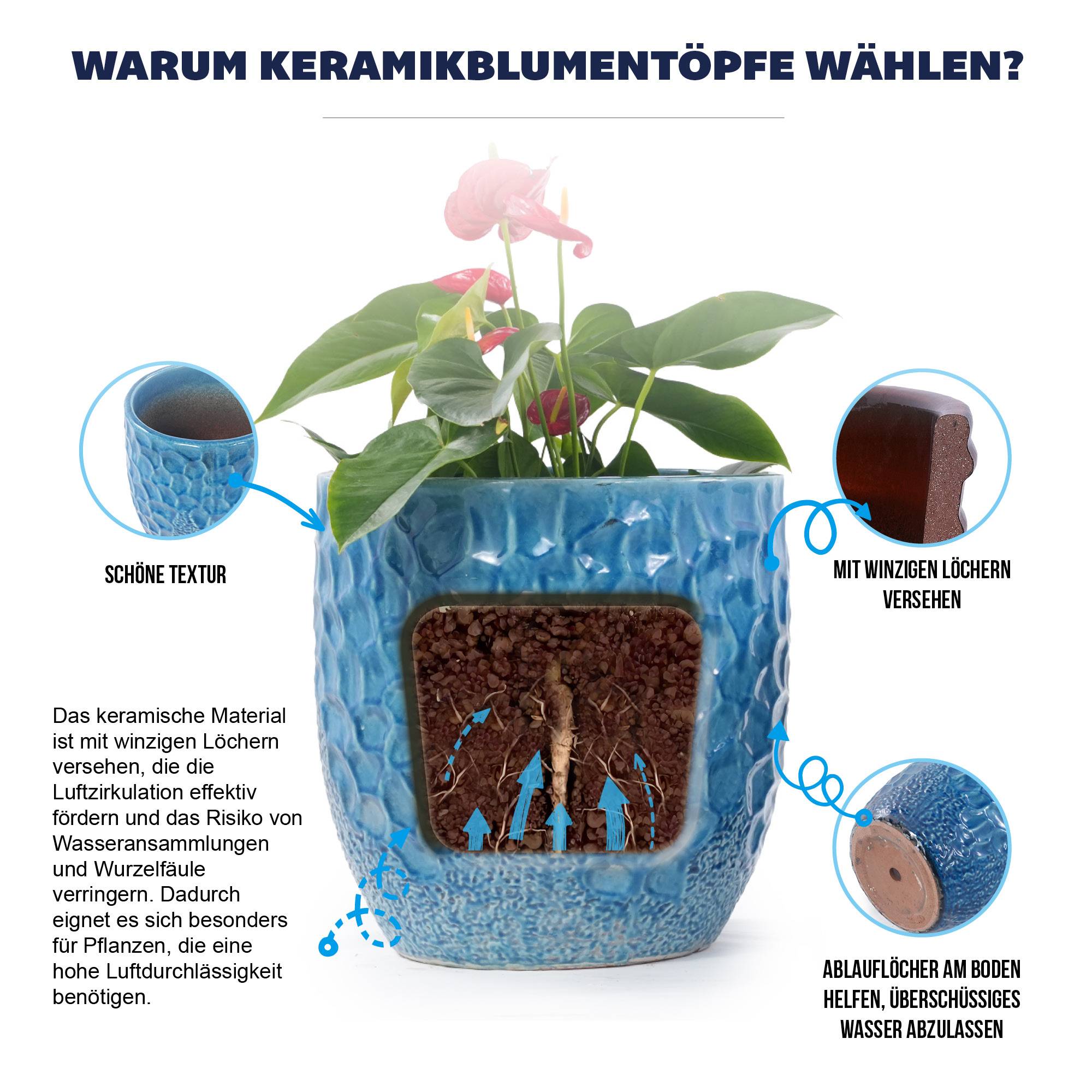 ComfortXL - Lot de 4 pots de fleurs céramique bleu Ø38/30/22,5/18 cm relief martelé drainage - ComfortXL Outdoor Living - Image 7