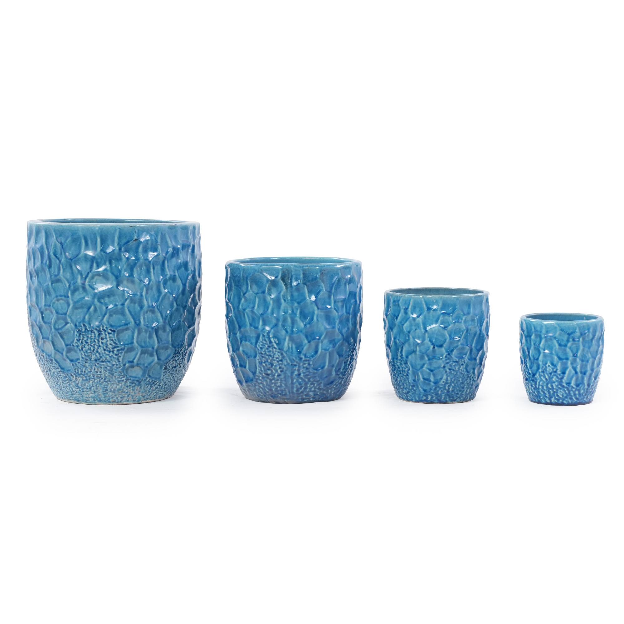 ComfortXL - Lot de 4 pots de fleurs céramique bleu Ø38/30/22,5/18 cm relief martelé drainage - ComfortXL Outdoor Living - Image 2